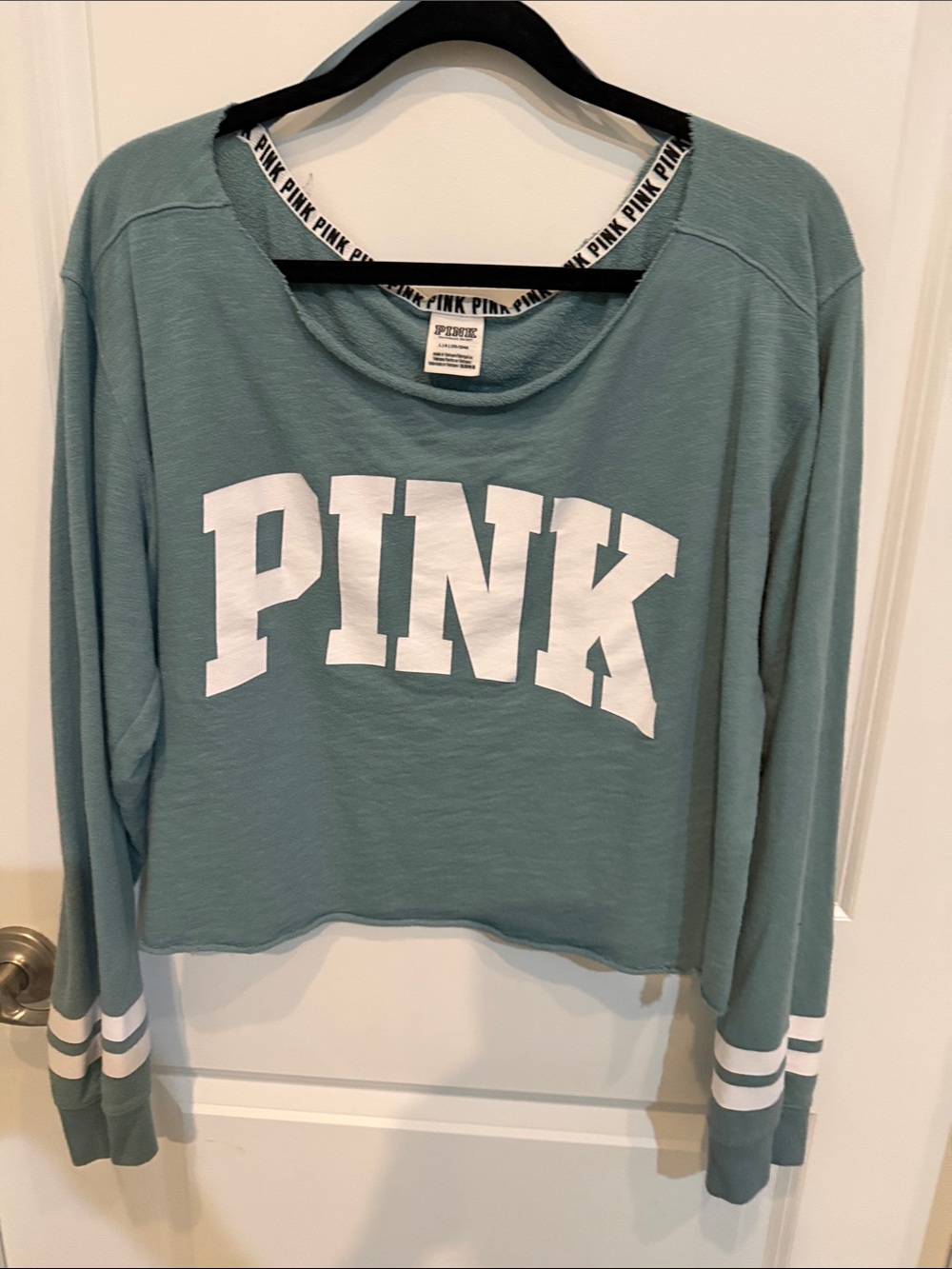 PINK Victoria's Secret Sage Green Cropped Pullover with White Logo